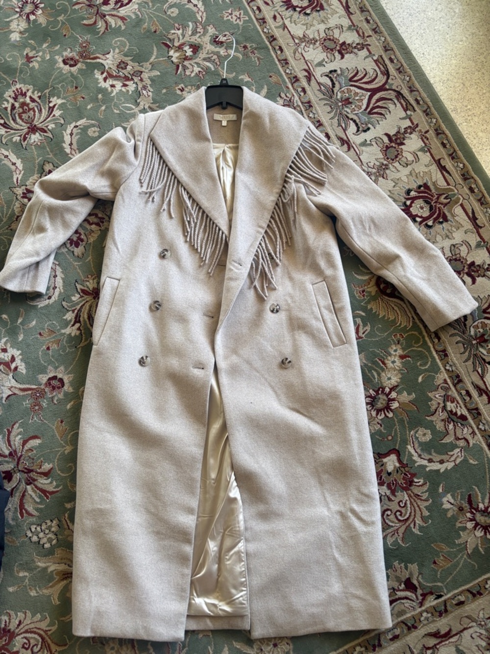 Ways Fringe-Trim Double-Breasted Long Coat - Light Beige never worn
